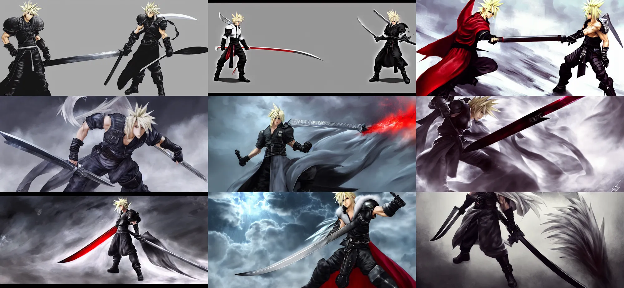 Prompt: Epic action scene, Concept art of cloud strife from final fantasy 7 wielding a guandao, wearing a white garb covered with a long white cloak, red smoke follows his movement, full body wuxia, polearm martial arts by Akihito Yoshitomi AND Yoji Shinkawa AND Greg Rutkowski, Mark Arian trending on artstation, 4k