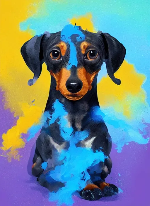 Prompt: a painting of a dachshund face with blue and yellow smoke coming out of, a digital painting by petros afshar, behance contest winner, digital art, behance hd, digital illustration, digital painting