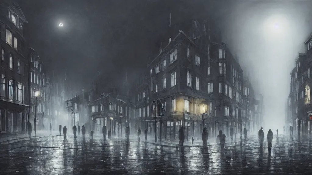 Image similar to a black hole with glowing edges over old town with houses in the windows of which the light is on and a crowd of people on street. early morning, fog on ground, wet street. mike barr painting. volumetric light, dull colors, dark, noir arthouse, 3 5 mm, hight detalied, hd, 4 k