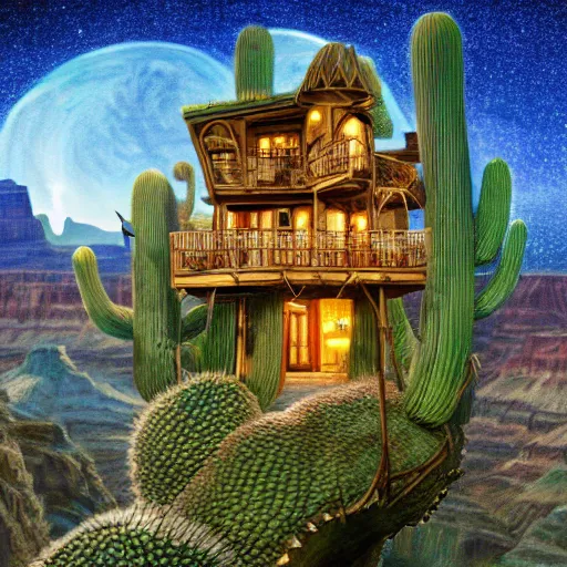 Prompt: fancy treehouse mansion built in a giant cactus on top of plateau overlooking grand canyon detailed luminescent magical realism 4 k painting