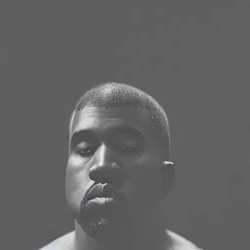 Image similar to a ( ( chiaroscuro lighting portrait ) ) of kanye west ( ( ( ( ( dressed as teddy bear mascot ) ) ) ) ), black background, portrait by julia margaret cameron, shallow depth of field, 8 0 mm, f 1. 8