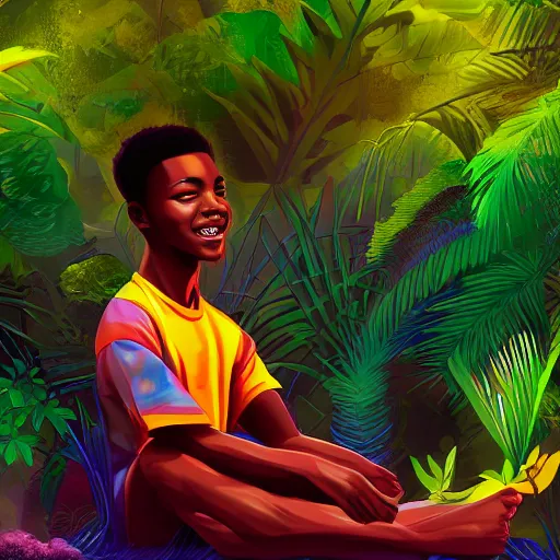 Image similar to concept art of beautiful futuristic, hyperrealistic, sci - fi, smiling african teen boy, peaceful, meditating, colourful digital art, colourful jungle, trending on artstation, detailed