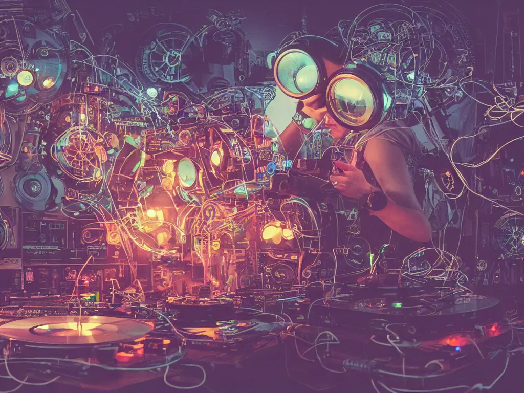 Prompt: a person wearing goggles and visor and headphones using a steampunk record player contraption, wires and tubes, turntablism dj scratching, intricate planetary gears, cinematic, imax, sharp focus, leds, bokeh, iridescent, black light, fog machine, hazy, lasers, art by simon stalenhag and beeple