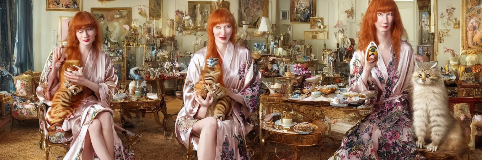 Image similar to a stunning hyper-detailed photorealistic painting of a slender beautiful smiling woman with long ginger hair and bangs, wearing a luxurious silk robe, wearing headphones and posing with her large ginger tabby cat and her raccoon and parrots in an overstuffed easy chair in her sunlit victorian living room, holding a porcelain parrot-shaped coffee mug and a donut, perfect eyes, fashion photography, cinematic lighting, octane render, IBEX Masters, unreal engine, 85 mm lens,