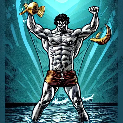 Prompt: the god poseidon, comic illustration, digital art, concept art, by butcher billy