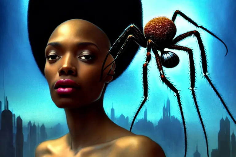 Image similar to realistic detailed photorealistic film portrait shot of a beautiful black woman with a giant spider, sci - fi city landscape background by denis villeneuve, amano, yves tanguy, alphonse mucha, ernst haeckel, max ernst, andrei tarkovsky, edward robert hughes, roger dean, necklace, dynamic pose, rich moody colours, wide angle, blue eyes