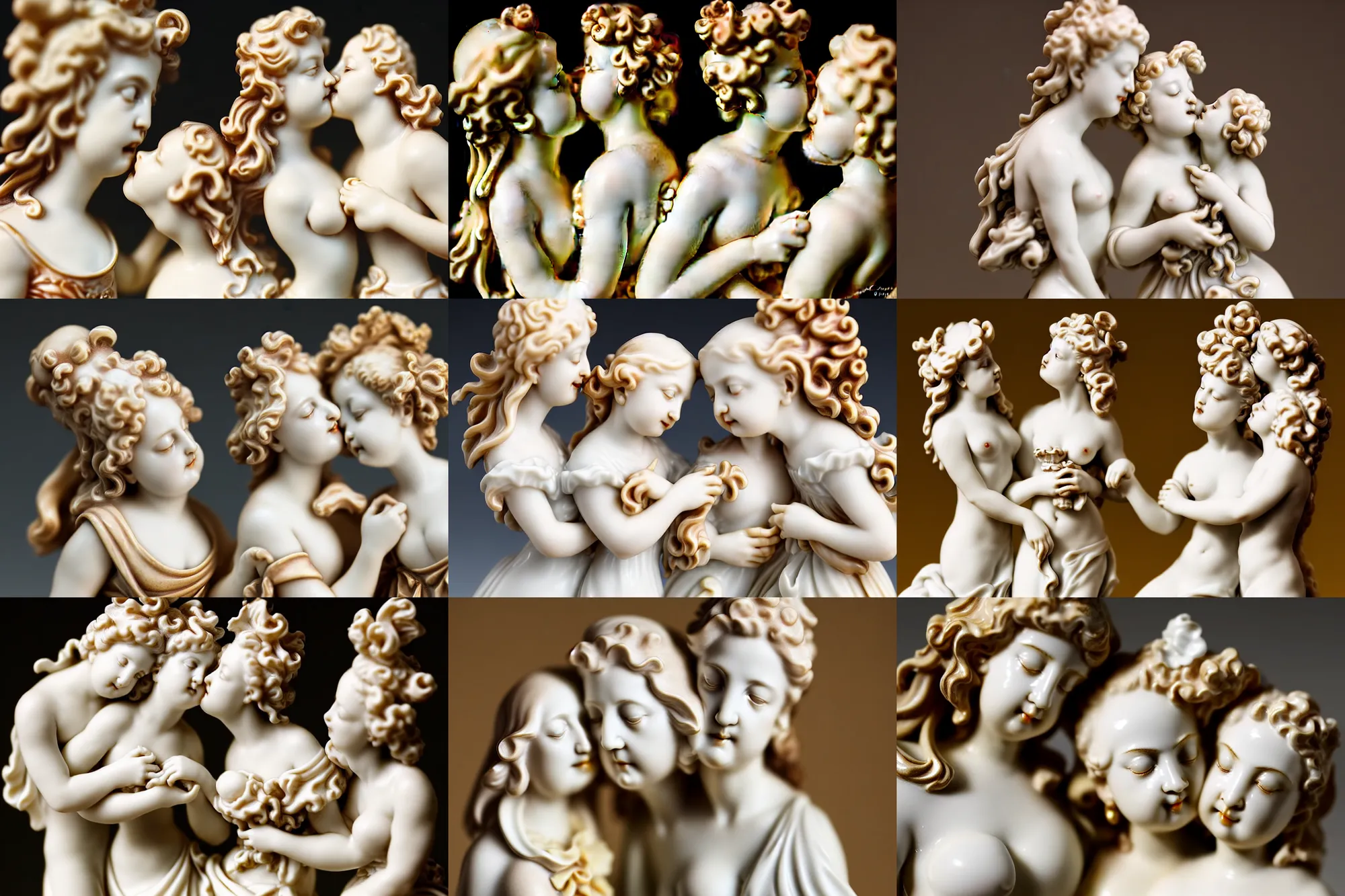 Prompt: A close up photo of porcelain composition of baroque figurines kissing, Tamron SP 90mm F/2.8 Di VC USD Macro