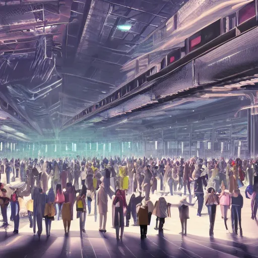 Image similar to large group people in a huge warehouse, looking at a tabletop futuristic city hologram | cinematic concept art | godrays | 4 k | clear details | tabletop | tabletop | hologram foreground