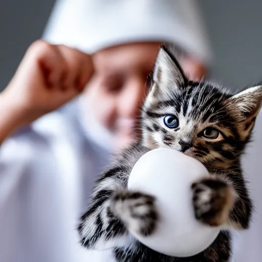 Prompt: A photography of a kitten dressed in a lab coat holding a model of a molecule, award winning photo