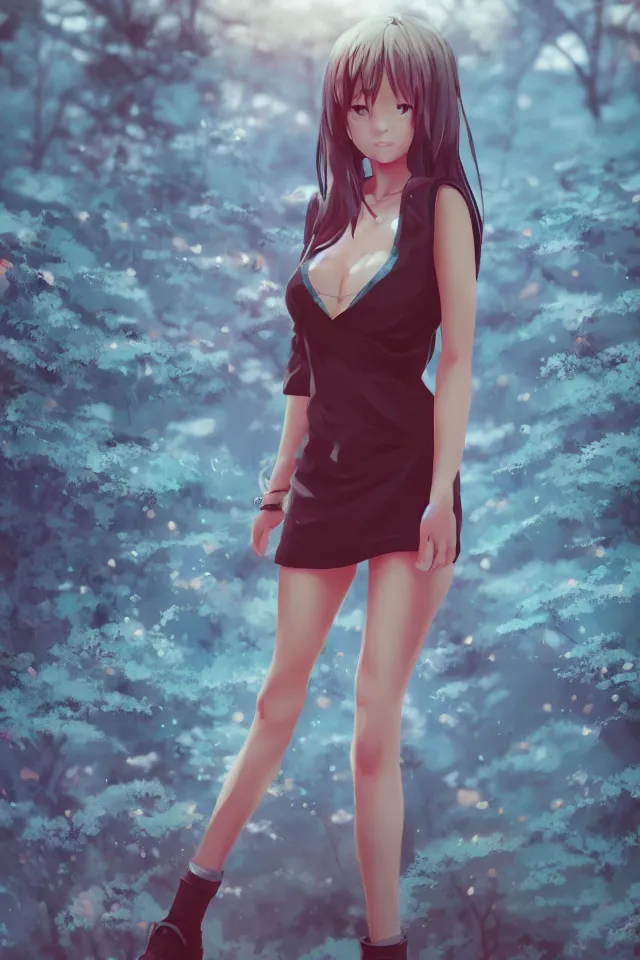 Prompt: still next - gen full - body portrait of realistic anime girl, mini dress, dramatic look, unreal engine 5, ray tracing, extremely detailed, 5 0 mm bokeh, photorealistic arstation, by ian pesty and alena aenami