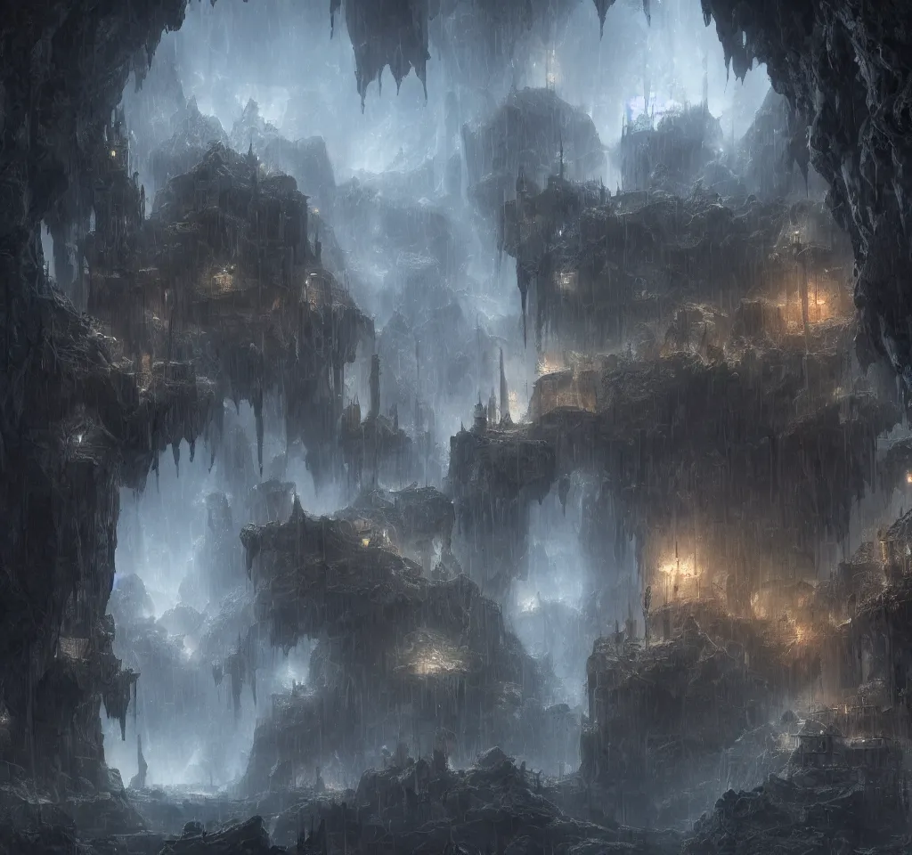 Image similar to a fantasy city built within a vast cave, illustration, raining, dark and moody lighting, digital art, fantasy, 8 k, trending on artstation, detailed