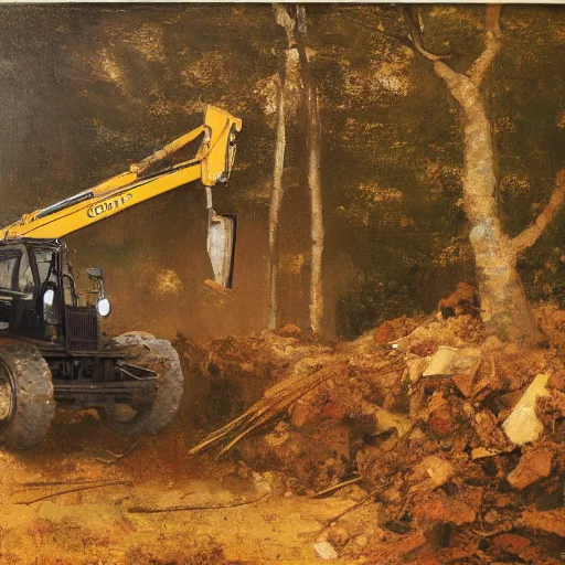 Image similar to gustave courbet painting of rob cross tearing down a forest in a jcb digger