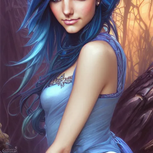 Image similar to A combination of Victoria Justice's and Odette Annable's faces with blue hair, western, D&D, fantasy, intricate, elegant, highly detailed, digital painting, artstation, concept art, matte, sharp focus, illustration, art by Artgerm and Greg Rutkowski and Alphonse Mucha