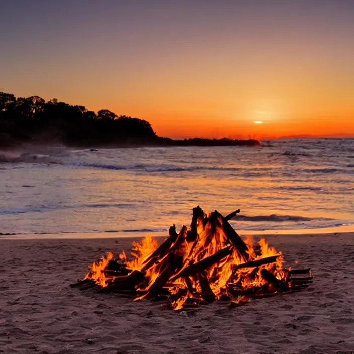 Prompt: photo of a huge bonfire on a beach at sunset, golden hour