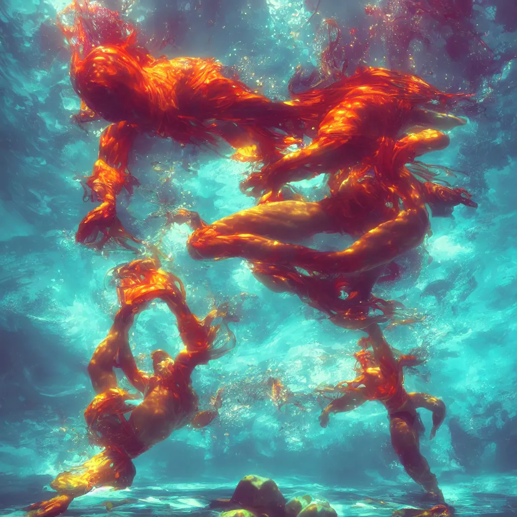 Image similar to man underwater floating, vivid colors, sharp focus, digital art, Unreal Engine, Dramatic Lighting by Brom, trending on Artstation