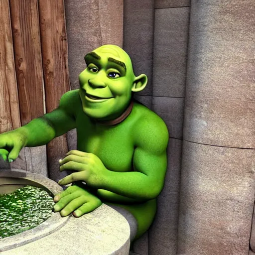 Image similar to Shrek go out from outdoor toilet