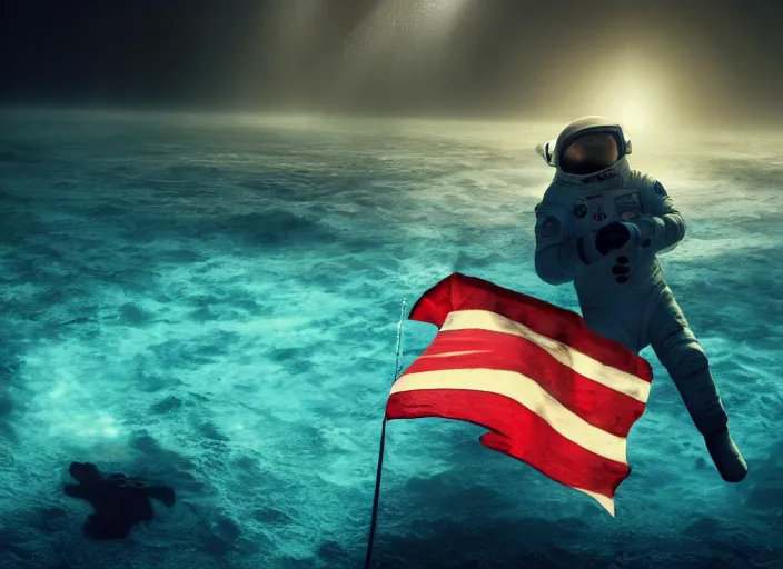 Image similar to astronaut underwater holding a flag in the sand of the bottom of the ocean. a submarine is visible in the distance. dark, concept art, cinematic, dramatic, atmospheric, 8 k, trending on artstation, low visibility, fog, ocean floor, christopher nolan, interstellar