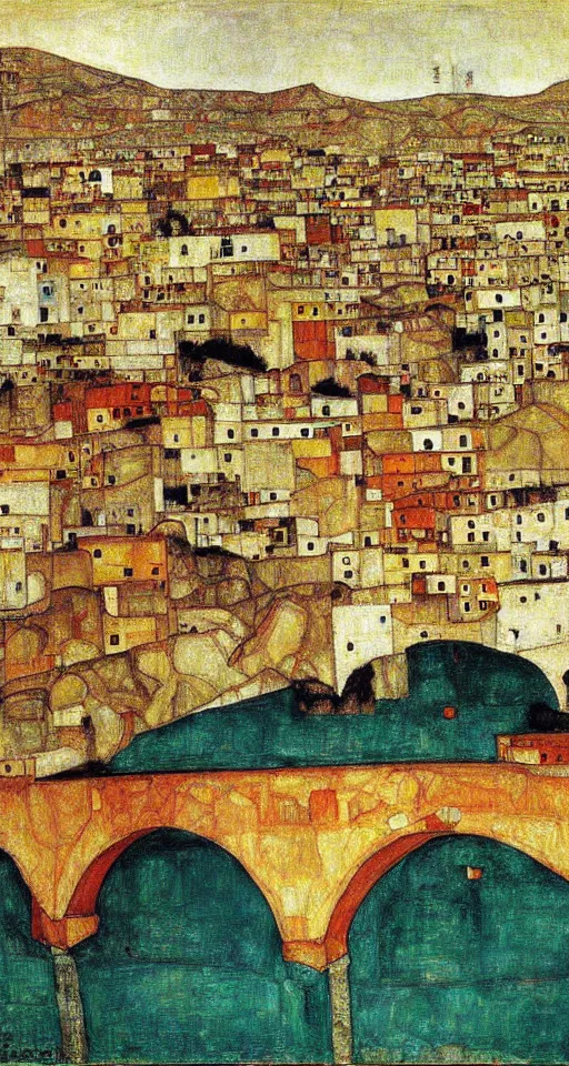 Prompt: a city in south of iran with a bridge, painting by egon schiele