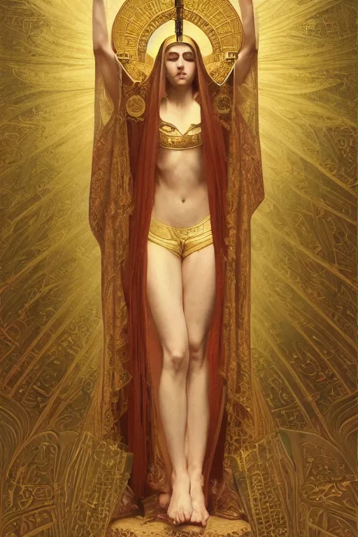 Image similar to a full body portrait of a beautiful ethereal delicate byzantine egyptian mage queen meditative sacral pose catholic stages of the cross, intricate, elegant, highly detailed, digital painting, artstation, concept art, smooth, sharp focus, illustration, art by krenz cushart and artem demura and alphonse mucha