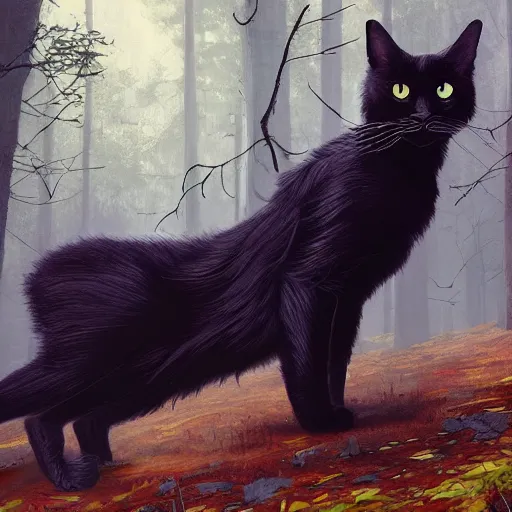 Prompt: a black cat looking curiously, there is a forest in the background, texture, intricate, details, highly detailed, greg rutkowski style, masterpiece, architecture, building, trending on artstation, focus, sharp focus, concept art, digital painting, fantasy, sunny, day, golden hour