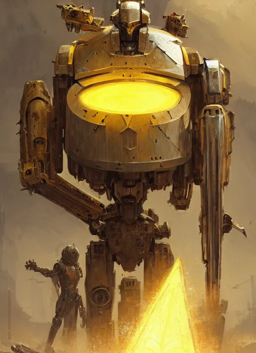Image similar to human-sized strong intricate yellow pit droid carrying very detailed perfect antique great sword and beautiful large paladin shield, pancake short large head, exposed metal bones, painterly humanoid mecha, away, by Greg Rutkowski