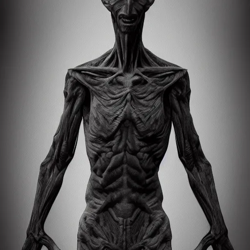 Image similar to standing photorealistic detailed tall skinny humanoid creature, extremly detailed, black and white, 8 k, realistic, sharp focus, cosmic horror creature, cosmic horror