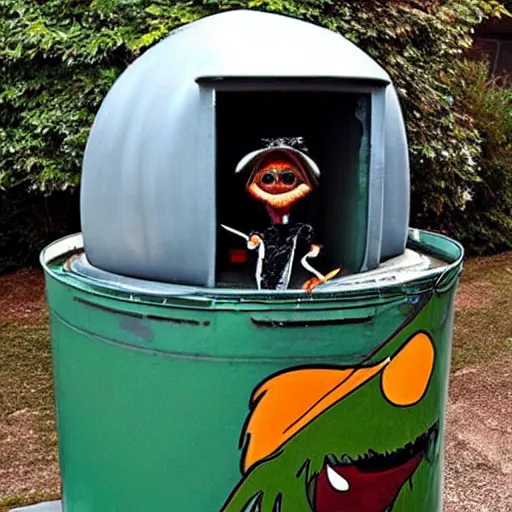 Image similar to oscar the grouch in a submarine made out of an old metal trash can