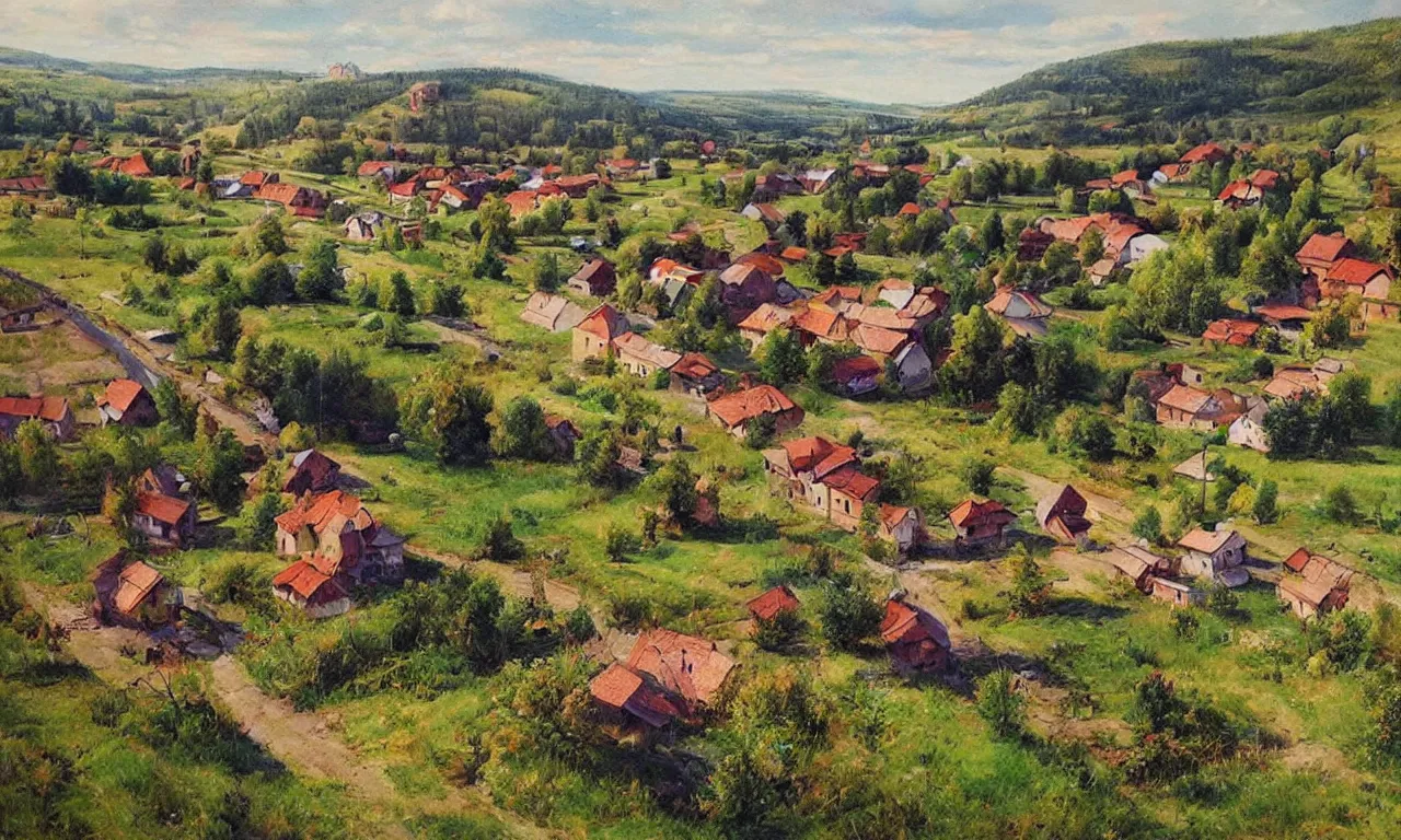 Image similar to a beautiful view of a peaceful village in ukraine. art by denys tsiperko and bogdan rezunenko, hyperrealism