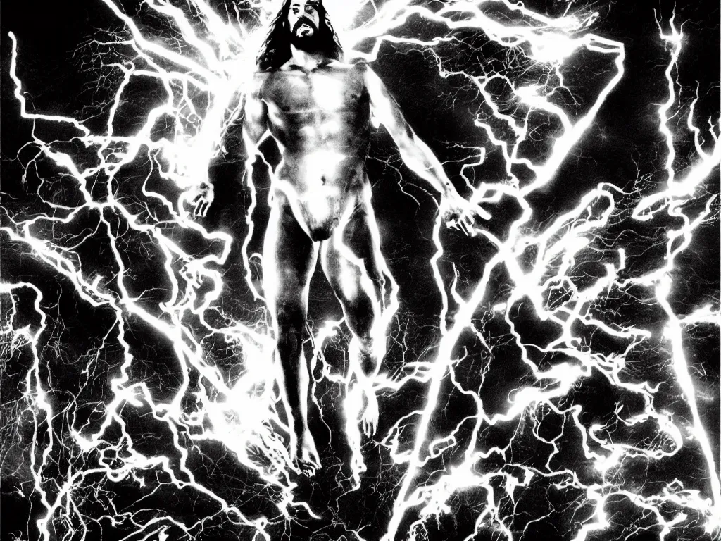 Image similar to jesus floating above the water shooting lightning out of his hands, sin city, full shot, graphic novel, symmetrical, frontal,