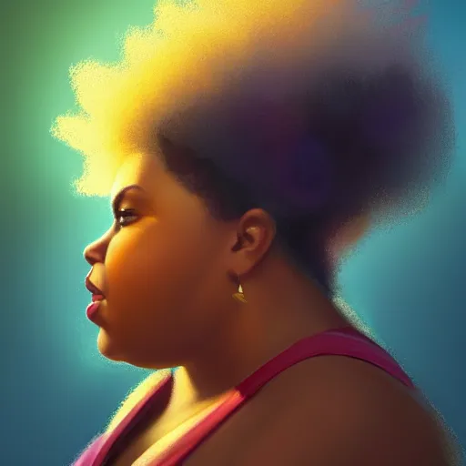 Prompt: beautiful oil painting of a fat mixed woman with an afro, beautiful eyes, artstation, volumetric lights, highly detailed, concept art, sharp focus, beautiful face