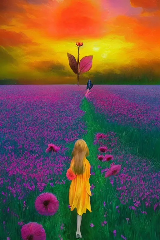 Image similar to giant flower head, girl walking in a flower field, surreal photography, sunrise, dramatic light, impressionist painting, colorful clouds, digital painting, artstation, simon stalenhag