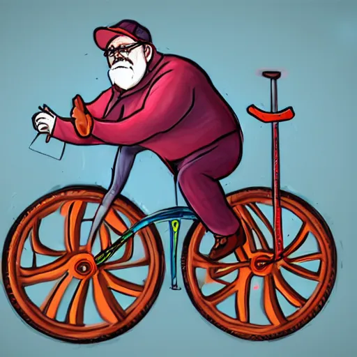 Image similar to wilford brimley riding a unicycle, concept art, vivid colors,