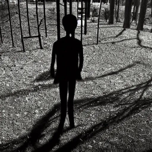 Image similar to night vision trailcam photo of the slenderman shadow person standing in an overgrown playground