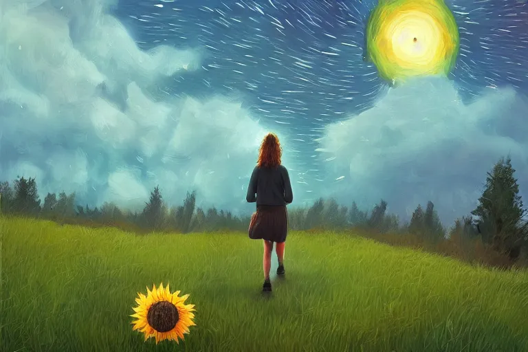 Image similar to giant sunflower as a head, girl walking between trees, hills, surreal photography, dark night, star trails, dramatic light, impressionist painting, clouds, digital painting, artstation, simon stalenhag