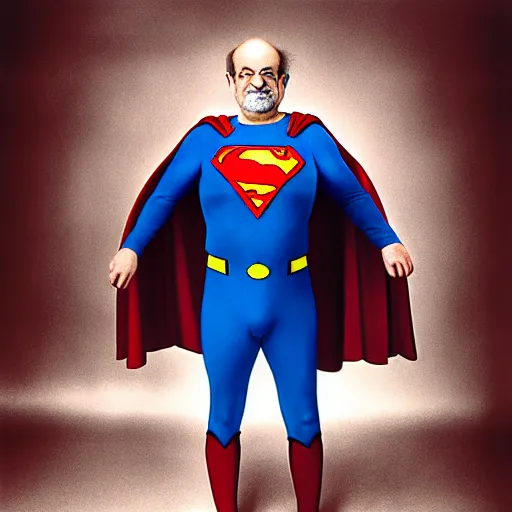 Image similar to kodachrome photographic portrait of author, salman rushdie as superman from the year 3 0 0 0, portrait by annie liebowitz