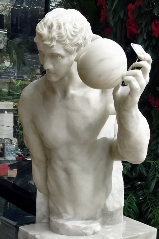 Image similar to marble sculpture of a man holding a marble phone to take a selfie