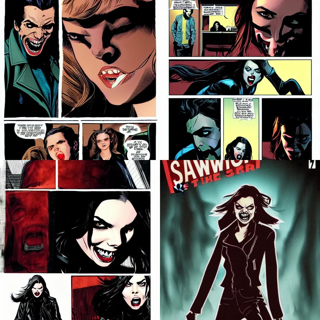 Prompt: in the style of Rafael Albuquerque comic art, Samara Weaving vampire, sharp teeth grin, sarcastic, brown leather jacket