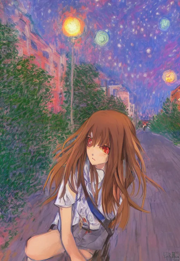 Image similar to wide angle portrait of a teenage girl, a thrifty outfit, very anime in impressionist style, city street view background, starlit night sky, trending artwork, anime painter studio, by claude monet