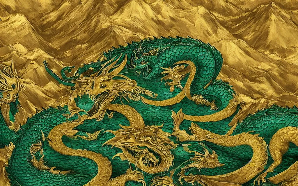 Image similar to green dragon overseeing a large gold mountain, view from above, detailed art