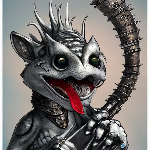 Image similar to a portrait of a friendly kobold with silver scales holding a musical horn, pathfinder kobold, fantasy character art