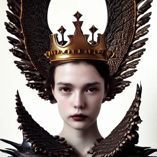 Image similar to king's crown made of dark bronze wings, delicate, fantasy, intricate, elegant, dramatic lighting, emotionally evoking symbolic metaphor, highly detailed, lifelike, photorealistic, digital painting, artstation, concept art, smooth, sharp focus, illustration, art by John Collier and Albert Aublet and Krenz Cushart and Artem Demura and Alphonse Mucha