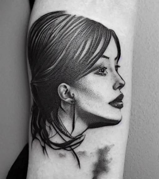 Prompt: tattoo design sketch of a beautiful woman face against a background of lago di sorapis, hyper - realistic, in the style of den yakovlev, amazing detail, black and white