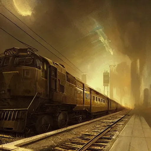 Image similar to a train driving trough dystopian hellscape, long shot, lumnious, magical, atmospheric, urban concept art, backlighting, by greg rutkowski *, martin mottet, maya takamura, and william turner