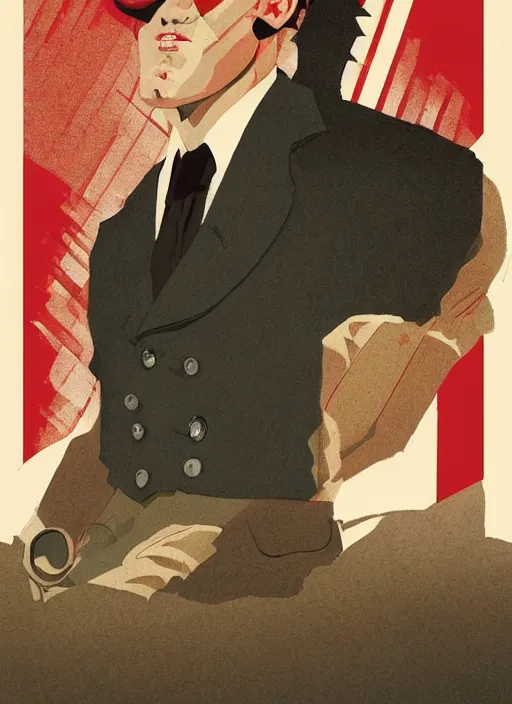 Prompt: Twin Peaks artwork by Michael Whelan, Bob Larkin and Tomer Hanuka, of a solo individual portrait of Channing Tatum wearing a 1920s red striped outfit, dapper, simple illustration, domestic, nostalgic, full of details, by Makoto Shinkai and thomas kinkade, Matte painting, trending on artstation and unreal engine