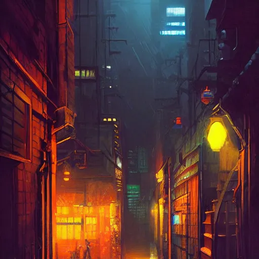 Image similar to a ultra detailed beautiful painting of a dark alleyway in a cyberpunk city at nighttime, oil panting, high resolution 4 k, by ilya kuvshinov, greg rutkowski and makoto shinkai