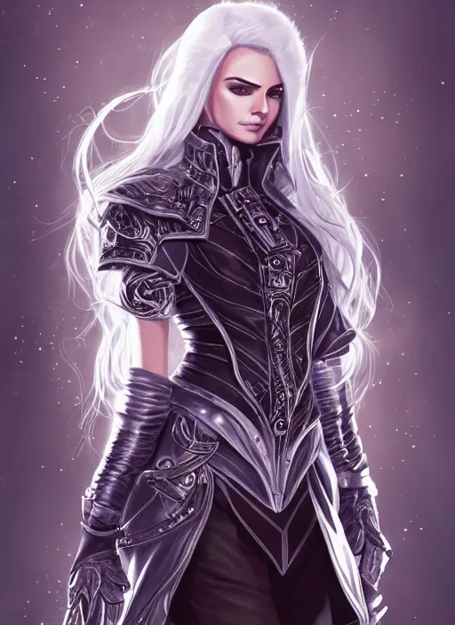 Prompt: portrait of a mix between warlock and paladin, female, shiny silver and disease, leather coat, high fantasy, dnd, face details, extremely detailed, smooth, sharp focus, digital illustration, by artgem, rossdraws, sakimichan
