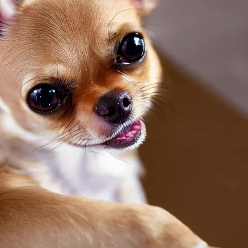 Prompt: a honey colored chihuahua puppy looking at his reflection in the mirror from the front , in second person-n10