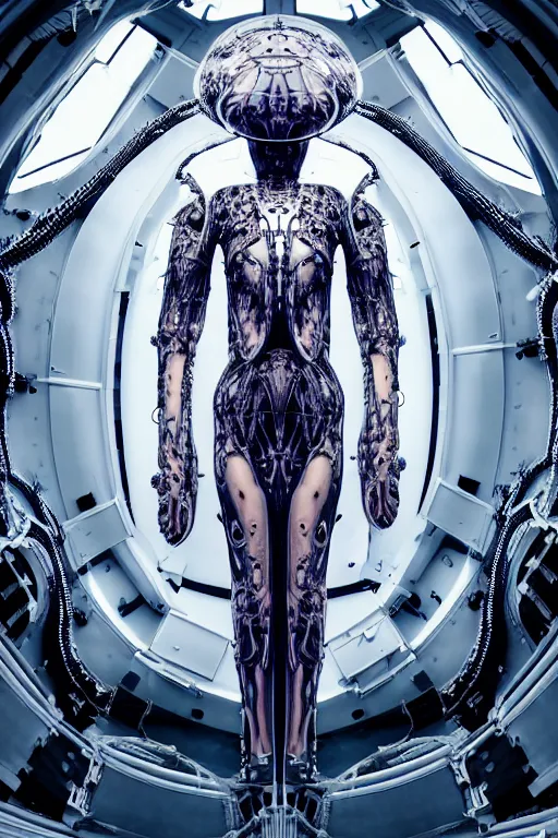 Image similar to background space station, baroque inflateble dress iris van herpen positing on floor, perfect symmetrical, full body shot, white helmet on face, inflateble shapes, wires, tubes, veins, jellyfish, white biomechanical details, wearing epic bionic implants, masterpiece, intricate, biopunk, vogue, highly detailed, artstation, concept art