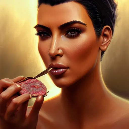 Prompt: Kim Kardashian eating spam, closeup, D&D, fantasy, intricate, elegant, highly detailed, digital painting, artstation, concept art, matte, sharp focus, illustration, art by Artgerm and Greg Rutkowski and Alphonse Mucha