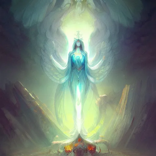 Image similar to fallen seraphim biblical detailed illustration by peter mohrbacher by marc simonetti on artstation,